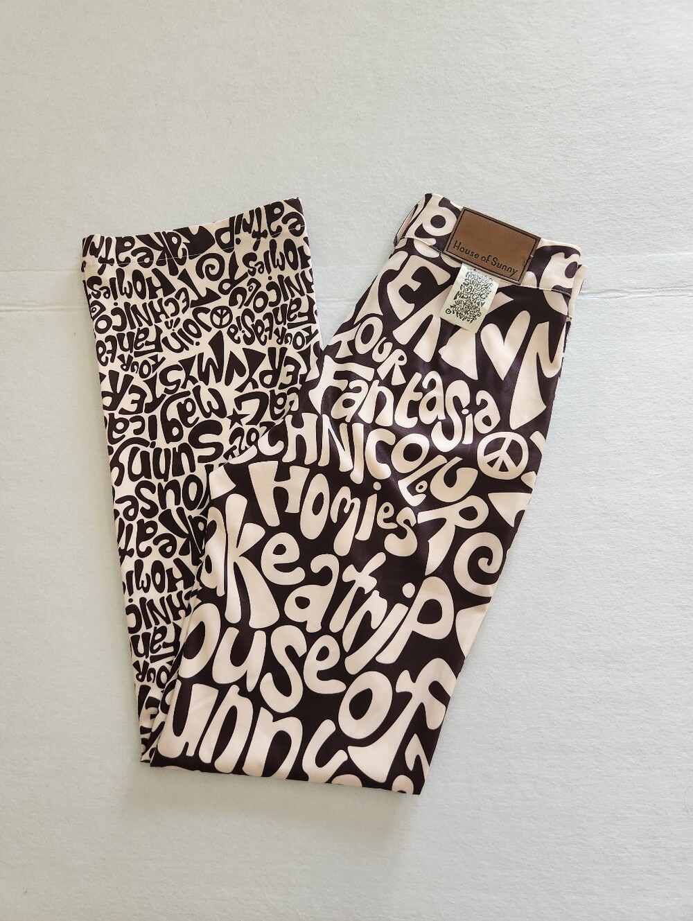 House of Sunny Brown and Cream Graphic Boot Cut Pants Size 4 With Slit Hem - Picture 4 of 13
